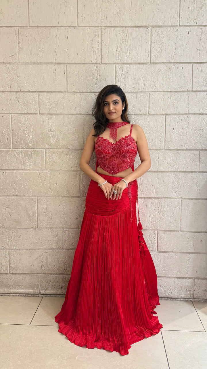 Red Luxury Hand-Embroidered Indo Western Lehenga with Designer Beaded Blouse