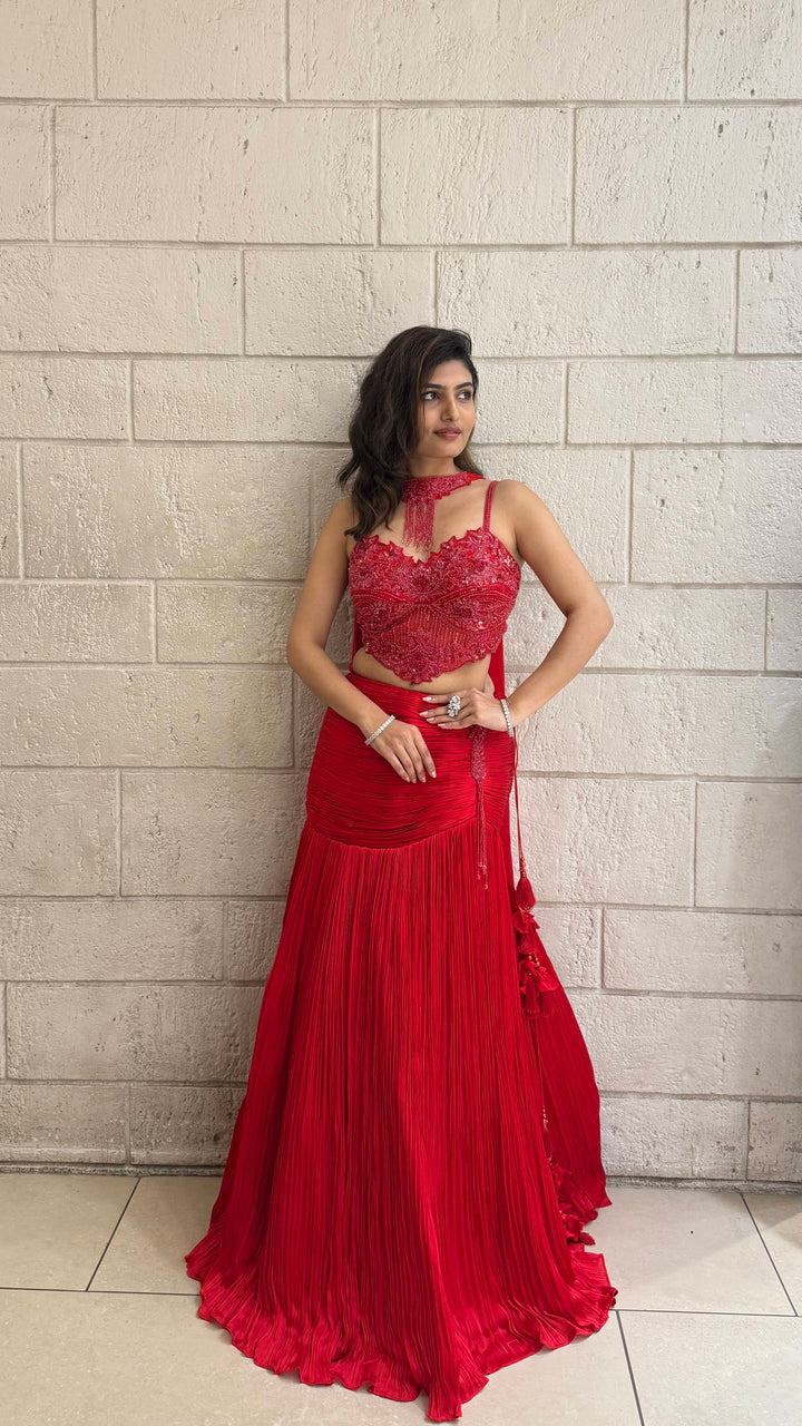 Red Luxury Hand-Embroidered Indo Western Lehenga with Designer Beaded Blouse