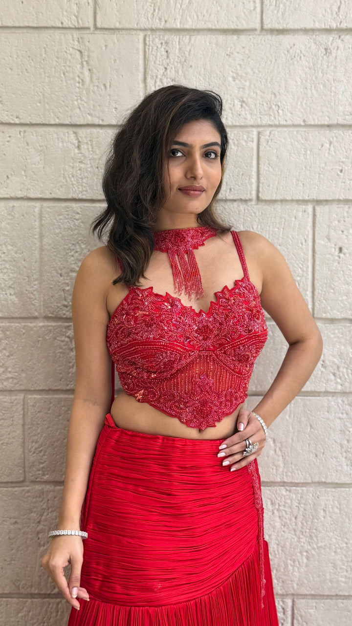 Red Luxury Hand-Embroidered Indo Western Lehenga with Designer Beaded Blouse