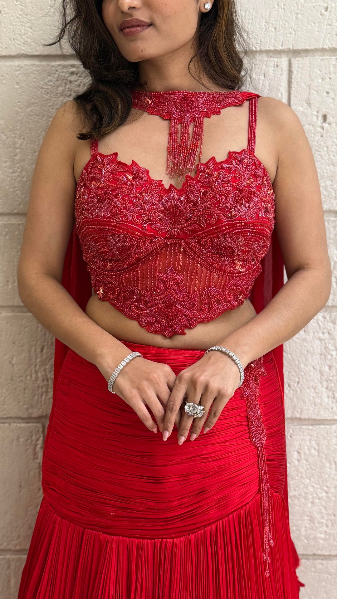 Red Luxury Hand-Embroidered Indo Western Lehenga with Designer Beaded Blouse