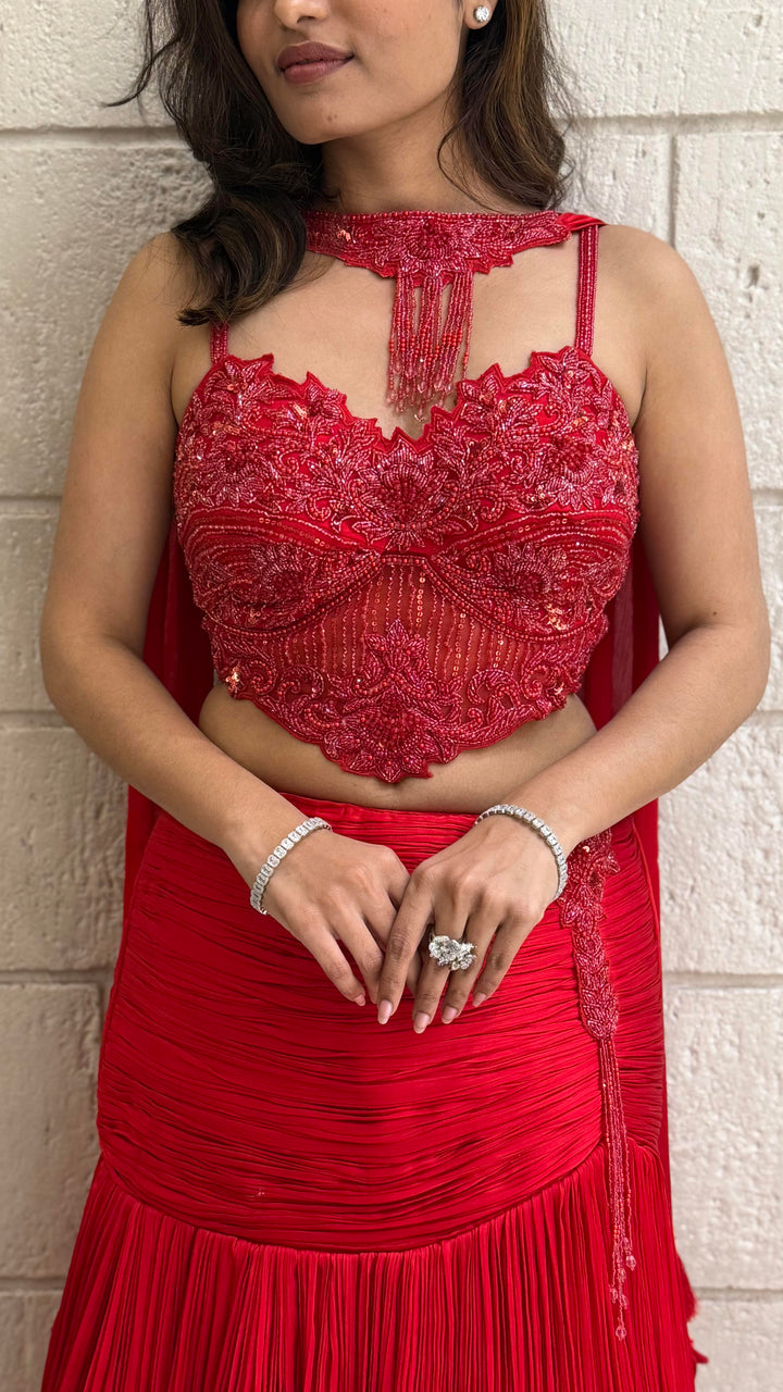 Red Luxury Hand-Embroidered Indo Western Lehenga with Designer Beaded Blouse