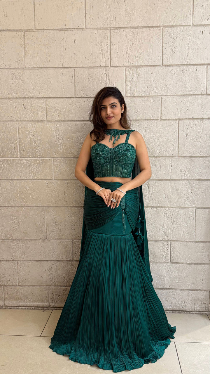 Emerald Green Designer Indo-Western Pleated Corset Blouse Lehenga with Hand-Embroidered Bustier