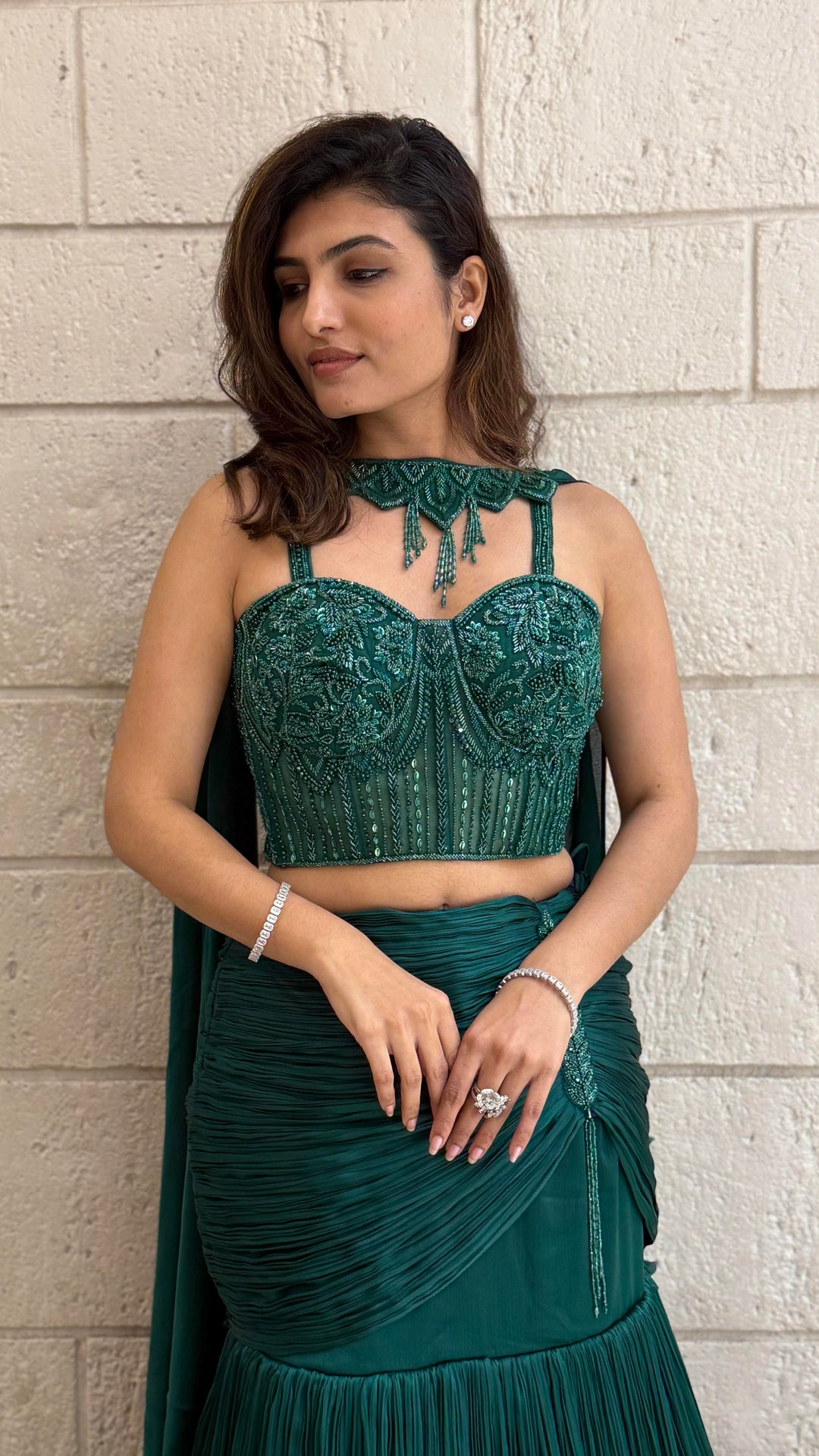 Emerald Green Designer Indo-Western Pleated Corset Blouse Lehenga with Hand-Embroidered Bustier
