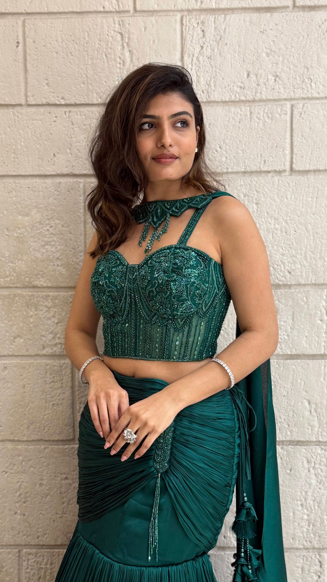Emerald Green Designer Indo-Western Pleated Corset Blouse Lehenga with Hand-Embroidered Bustier