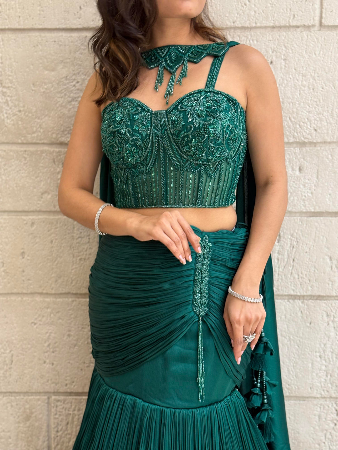 Emerald Green Designer Indo-Western Pleated Corset Blouse Lehenga with Hand-Embroidered Bustier