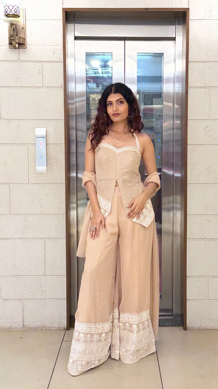 Beige Indo-Western Co-ord Set with Embroidered Palazzo Pants