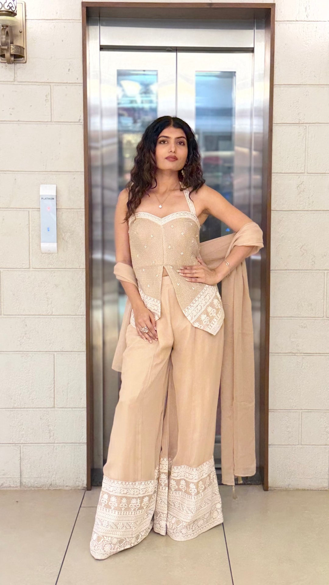 Beige Indo-Western Co-ord Set with Embroidered Palazzo Pants