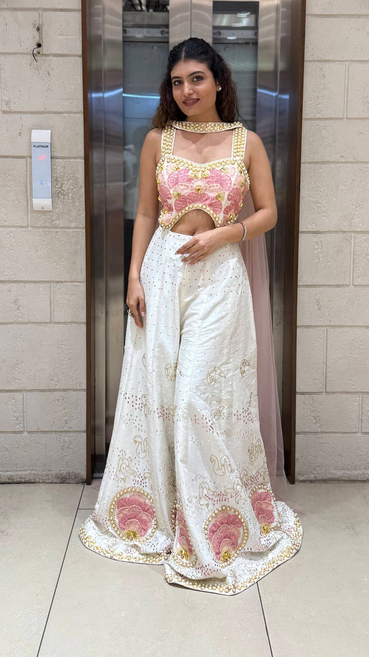 White & Blush Pink Heavy Embroidered with Pearl Jumpsuit Designer Blouse