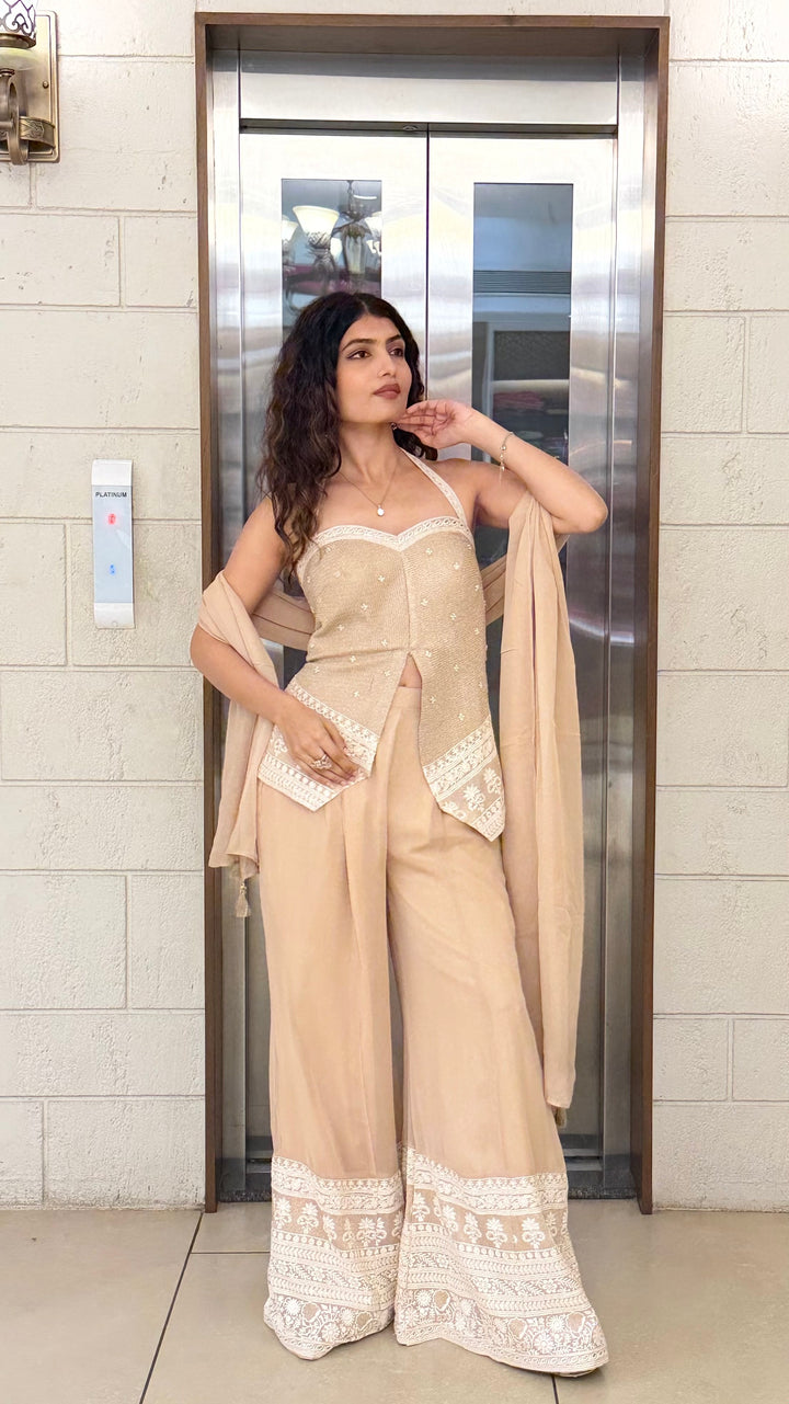 Beige Indo-Western Co-ord Set with Embroidered Palazzo Pants