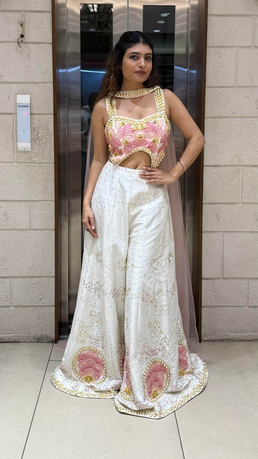 White & Blush Pink Heavy Embroidered with Pearl Jumpsuit Designer Blouse