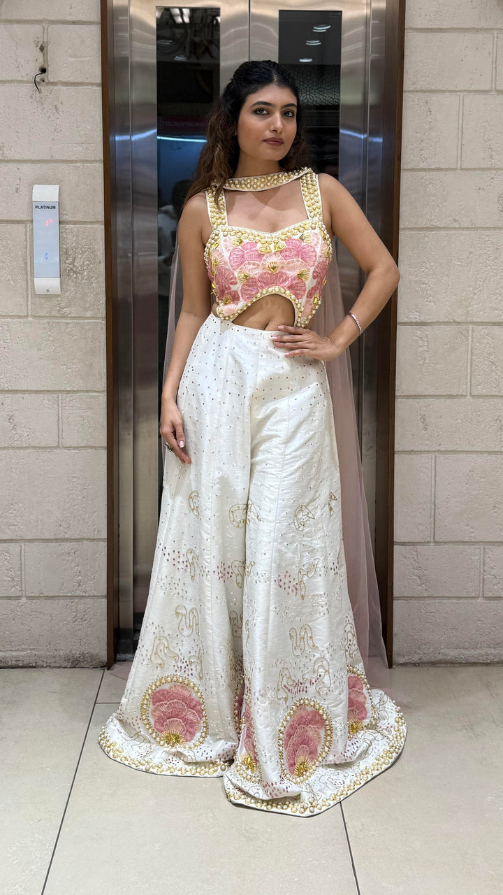 White & Blush Pink Heavy Embroidered with Pearl Jumpsuit Designer Blouse
