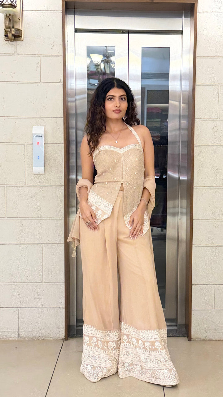 Beige Indo-Western Co-ord Set with Embroidered Palazzo Pants