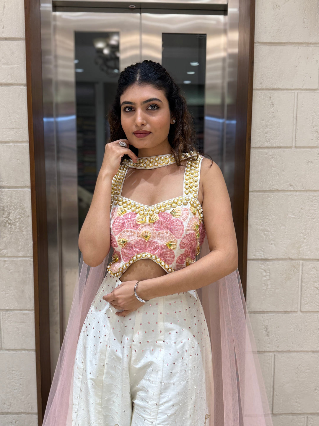 White & Blush Pink Heavy Embroidered with Pearl Jumpsuit Designer Blouse