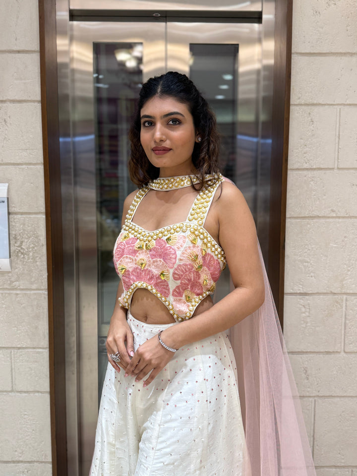 White & Blush Pink Heavy Embroidered with Pearl Jumpsuit Designer Blouse