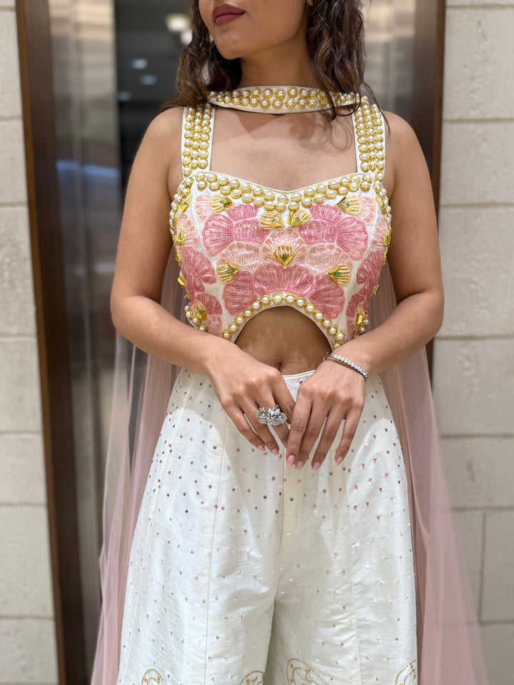 White & Blush Pink Heavy Embroidered with Pearl Jumpsuit Designer Blouse