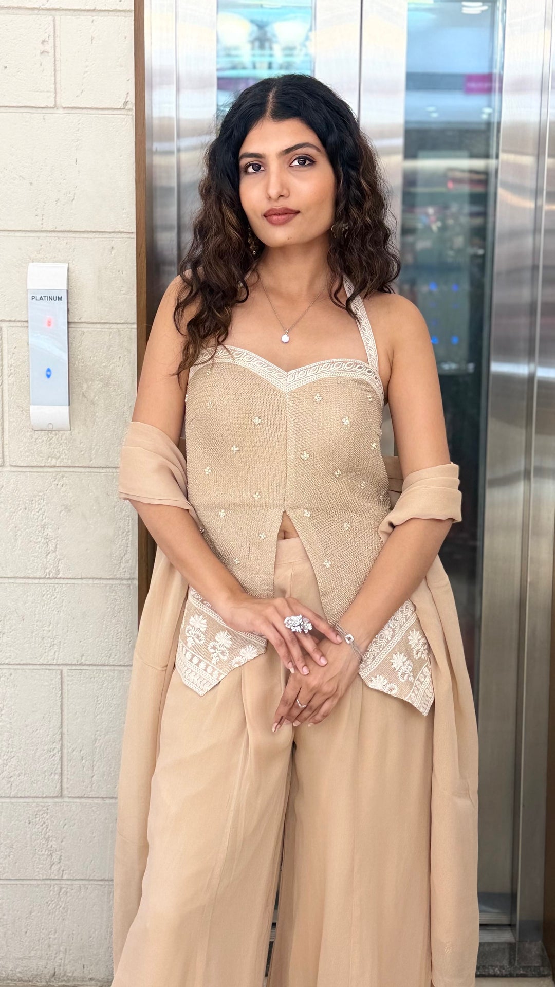 Beige Indo-Western Co-ord Set with Embroidered Palazzo Pants