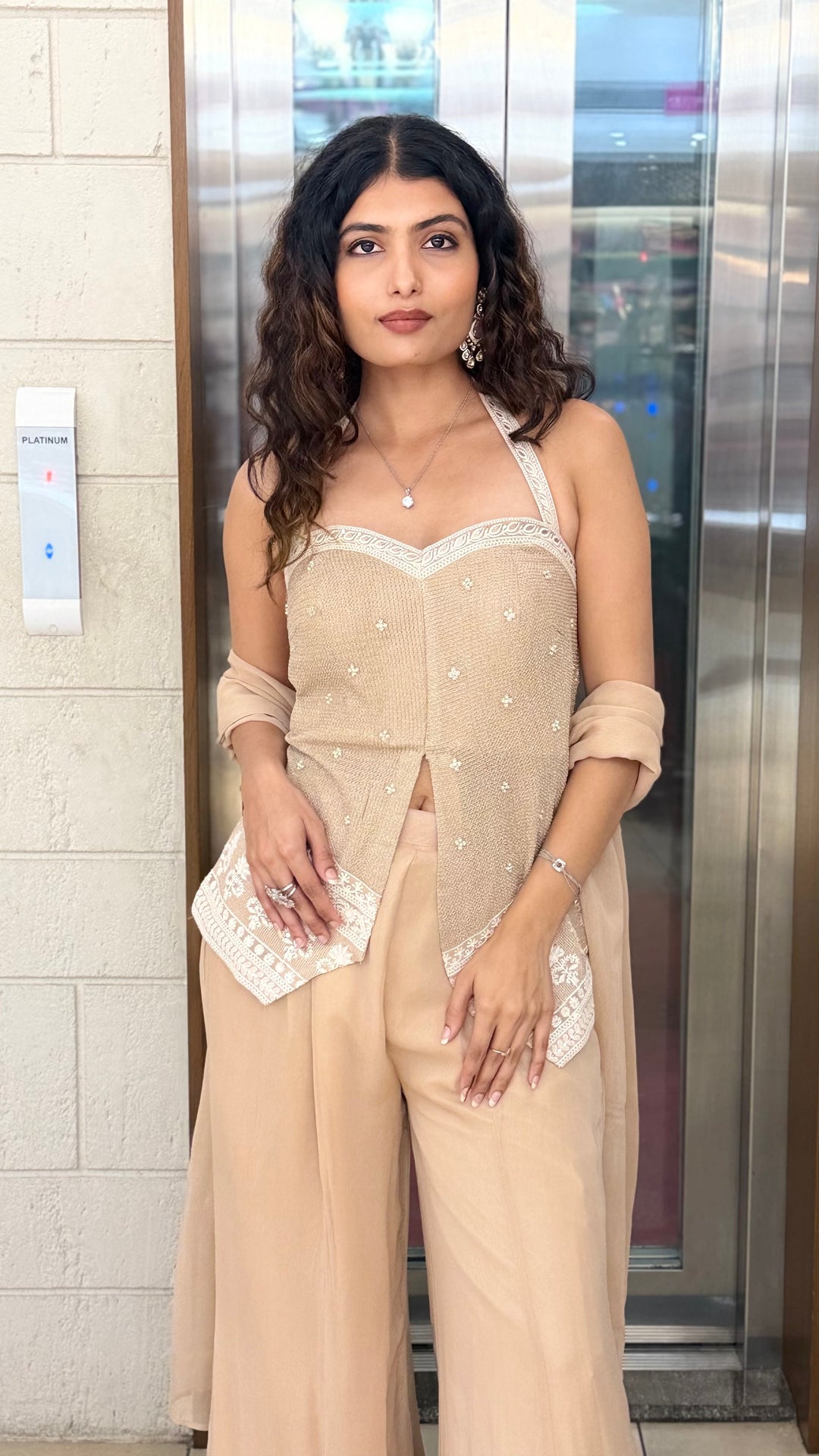 Beige Indo-Western Co-ord Set with Embroidered Palazzo Pants
