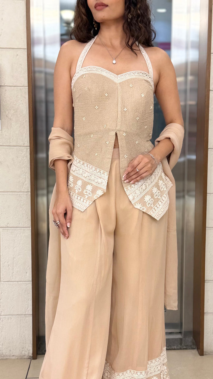Beige Indo-Western Co-ord Set with Embroidered Palazzo Pants