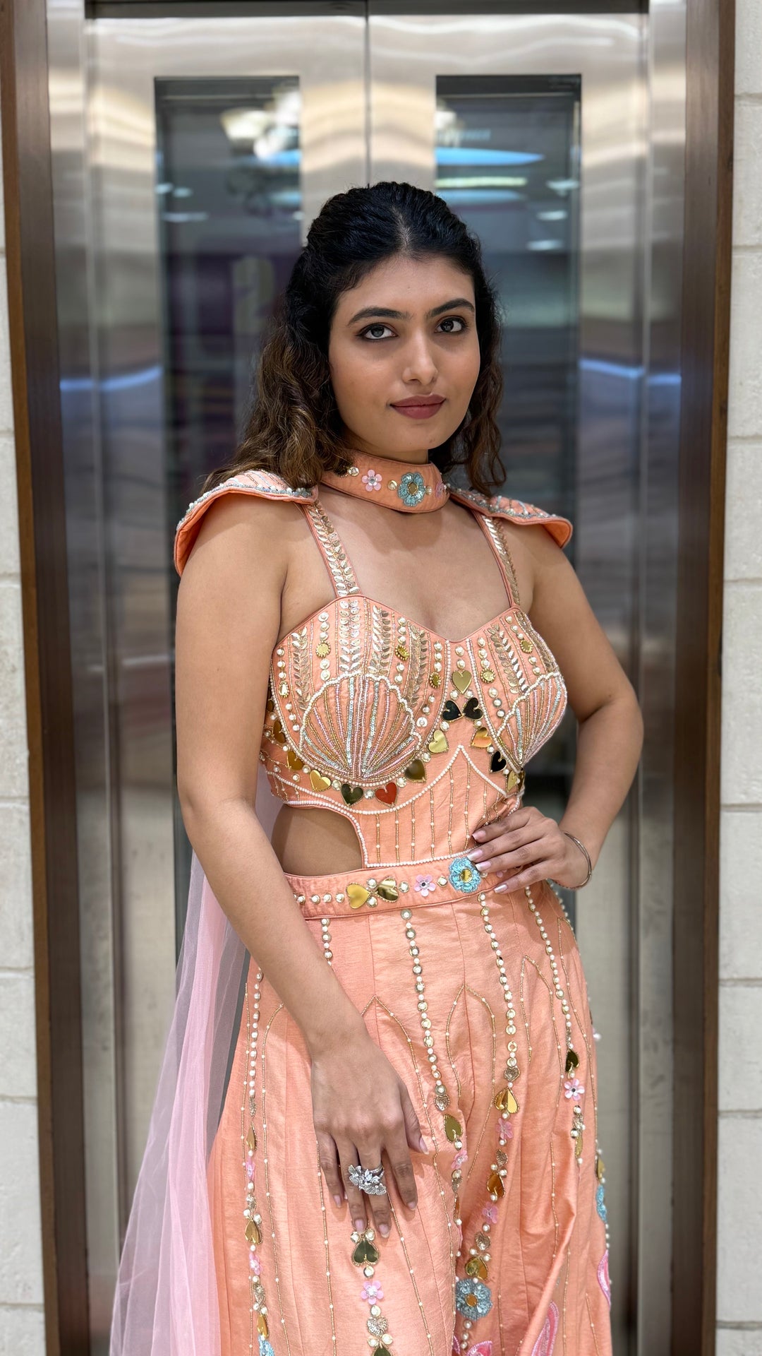 Peach Luxury Hand-Embroidered Jumpsuit Set with Designer Cut-Out Blouse