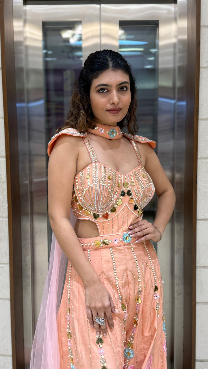 Peach Luxury Hand-Embroidered Jumpsuit Set with Designer Cut-Out Blouse
