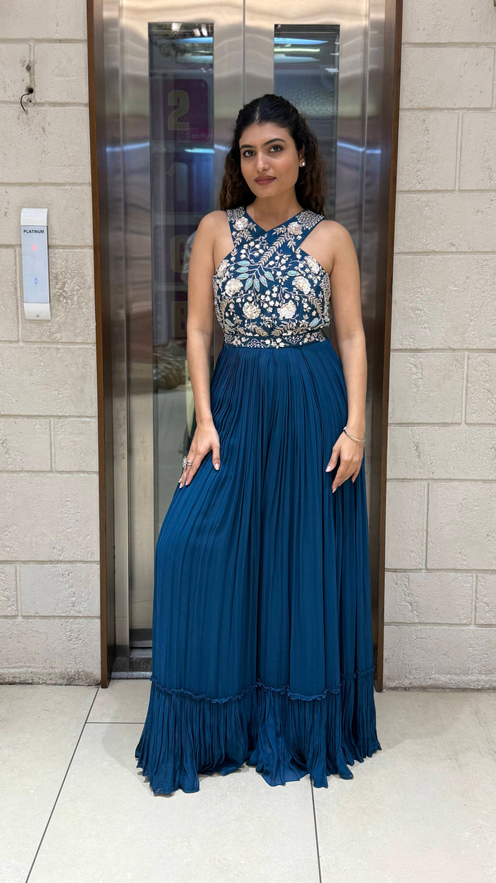 Teal Blue Embroidered Indo-Western Designer Jumpsuit