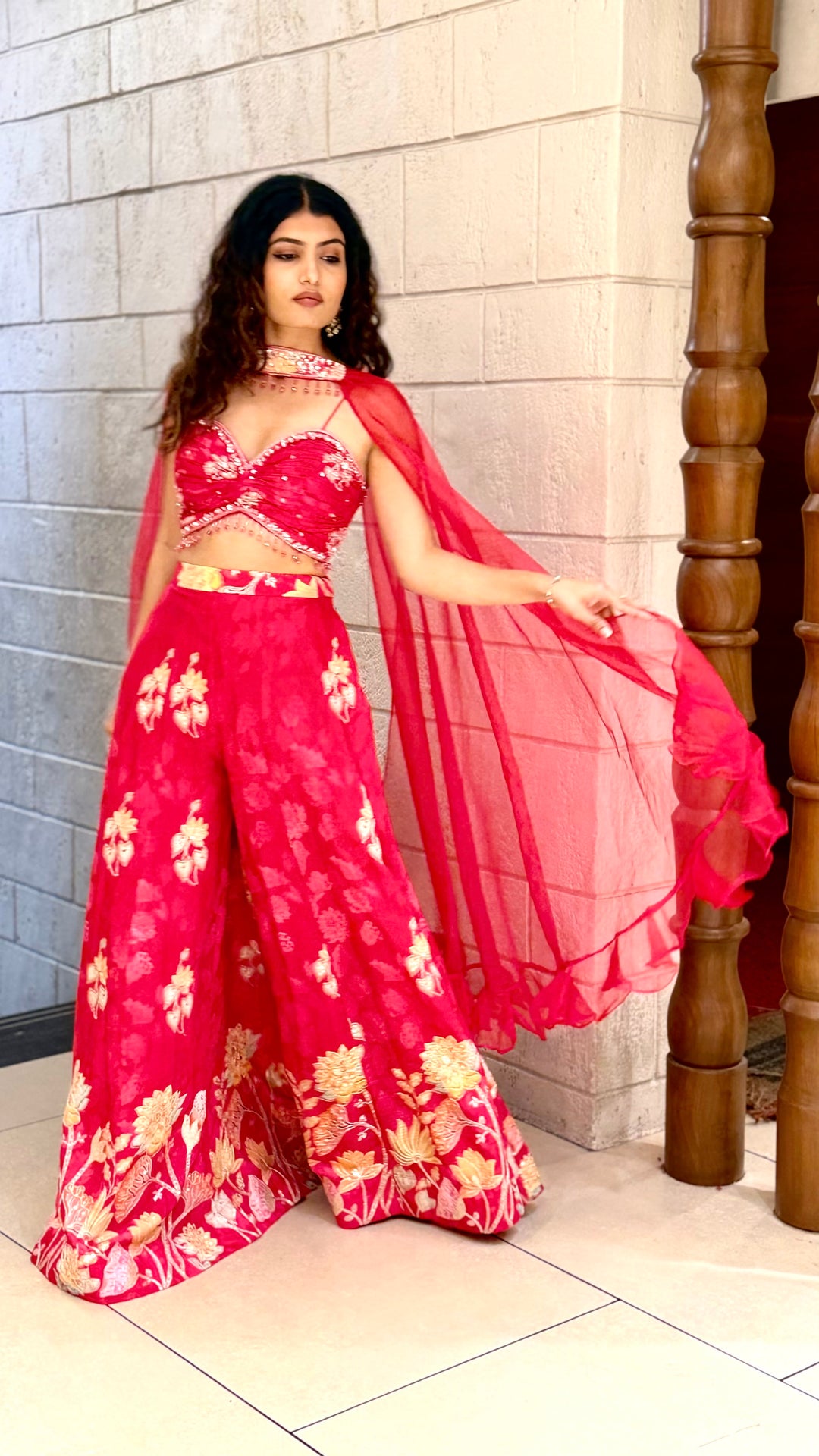 Crimson Red Embroidered Lehenga Set with Designer Blouse & Sheer Dupatta