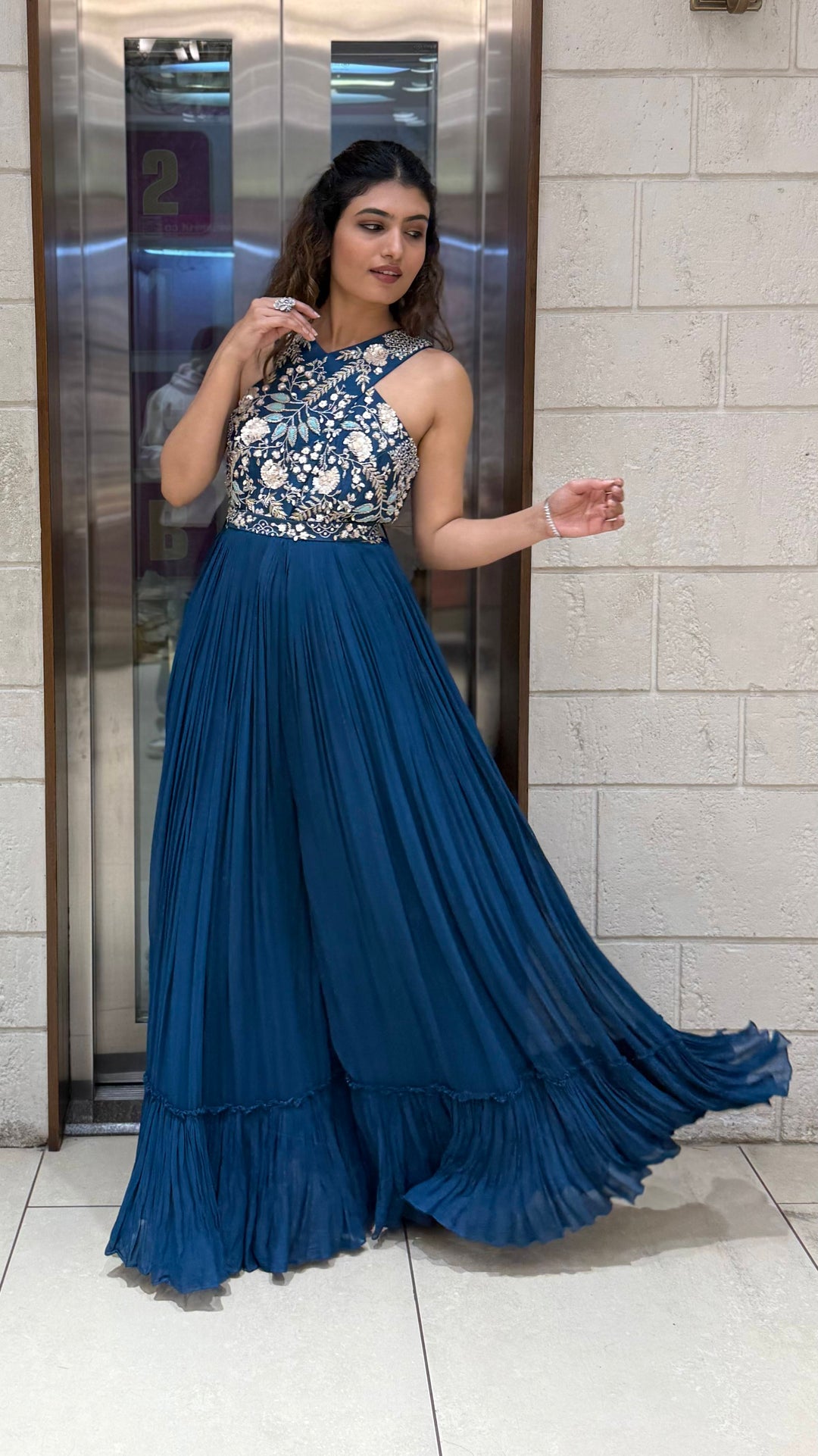 Teal Blue Embroidered Indo-Western Designer Jumpsuit