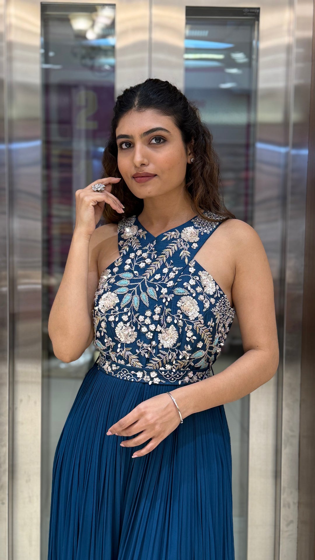 Teal Blue Embroidered Indo-Western Designer Jumpsuit