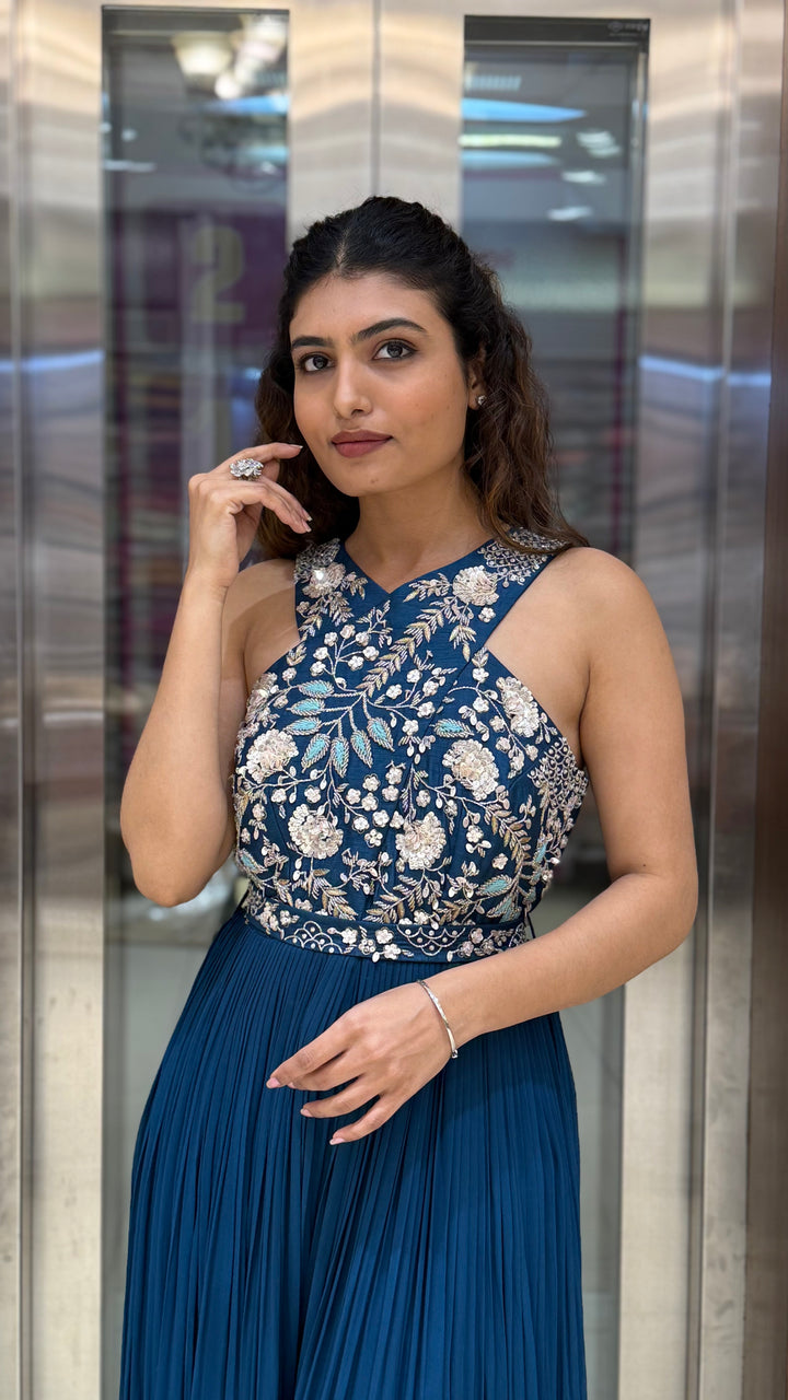 Teal Blue Embroidered Indo-Western Designer Jumpsuit