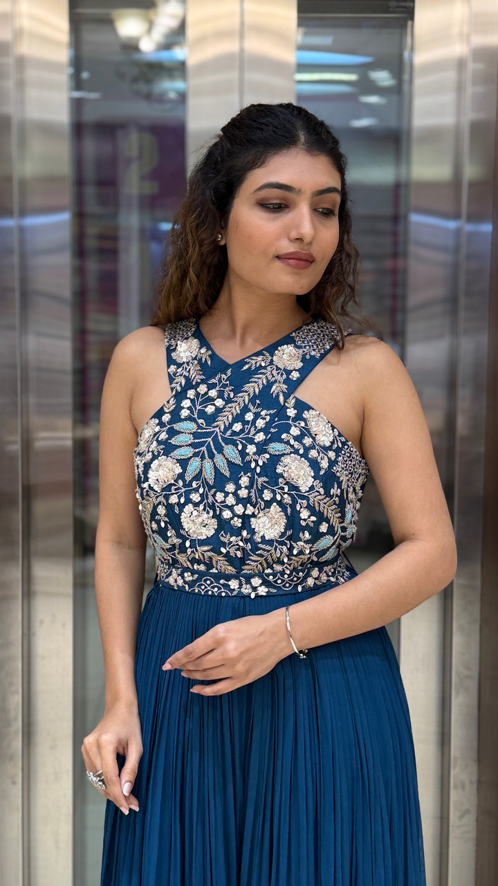 Teal Blue Embroidered Indo-Western Designer Jumpsuit