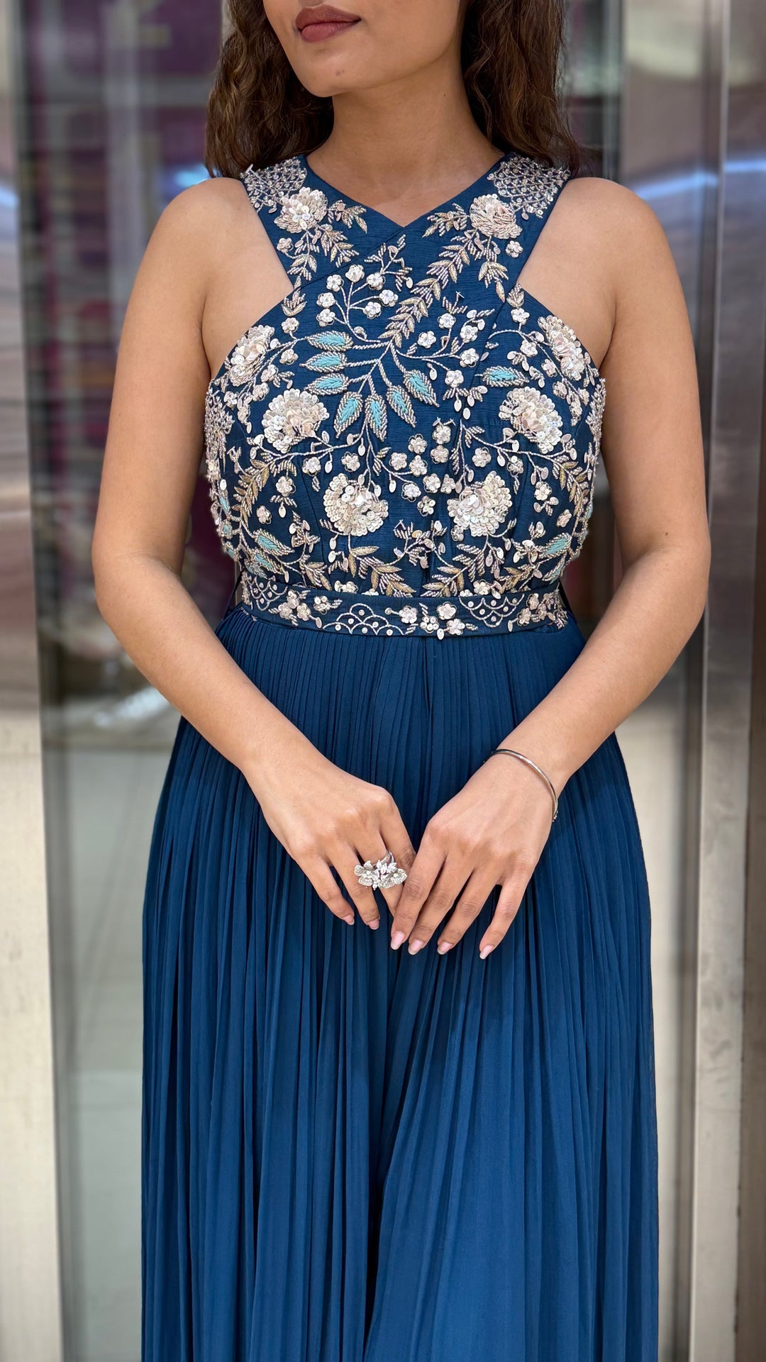 Teal Blue Embroidered Indo-Western Designer Jumpsuit