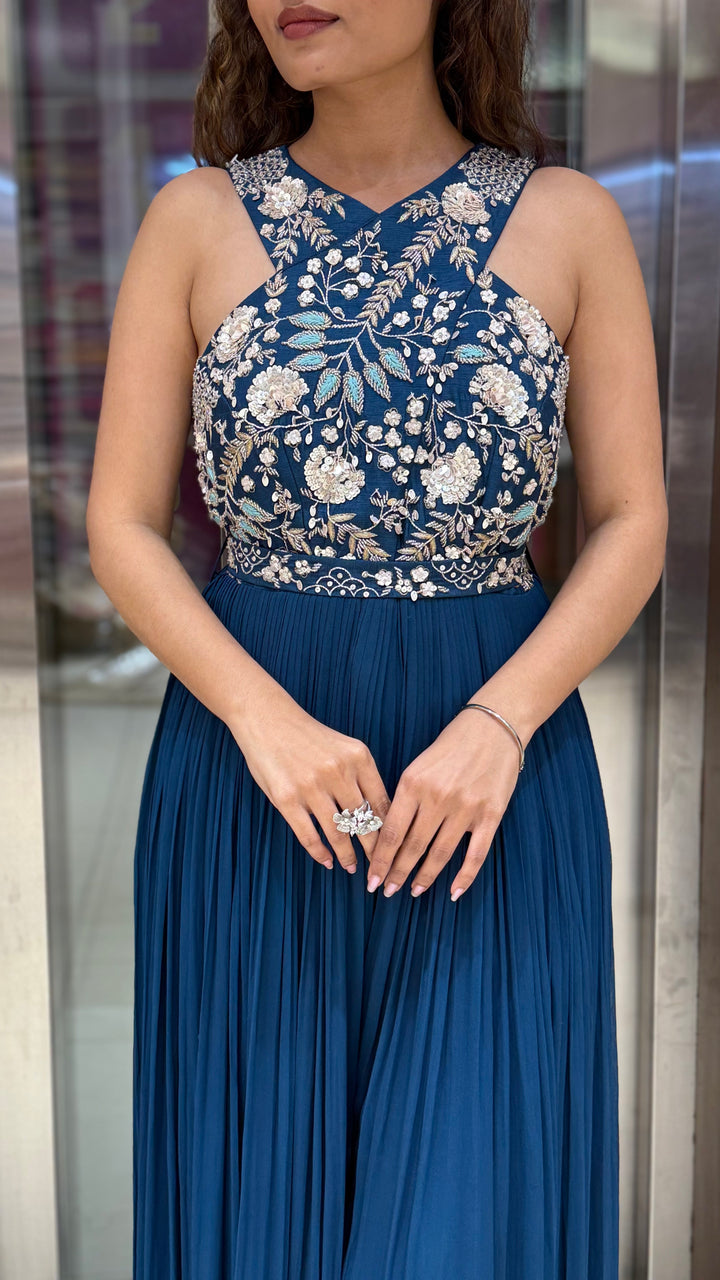 Teal Blue Embroidered Indo-Western Designer Jumpsuit