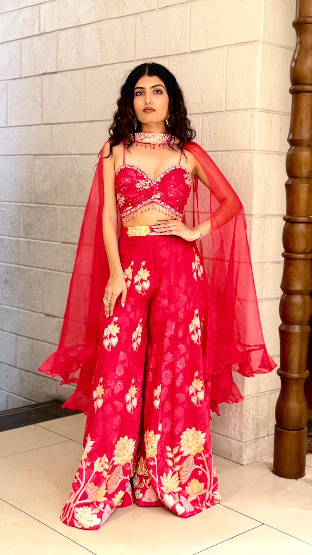 Crimson Red Embroidered Lehenga Set with Designer Blouse & Sheer Dupatta