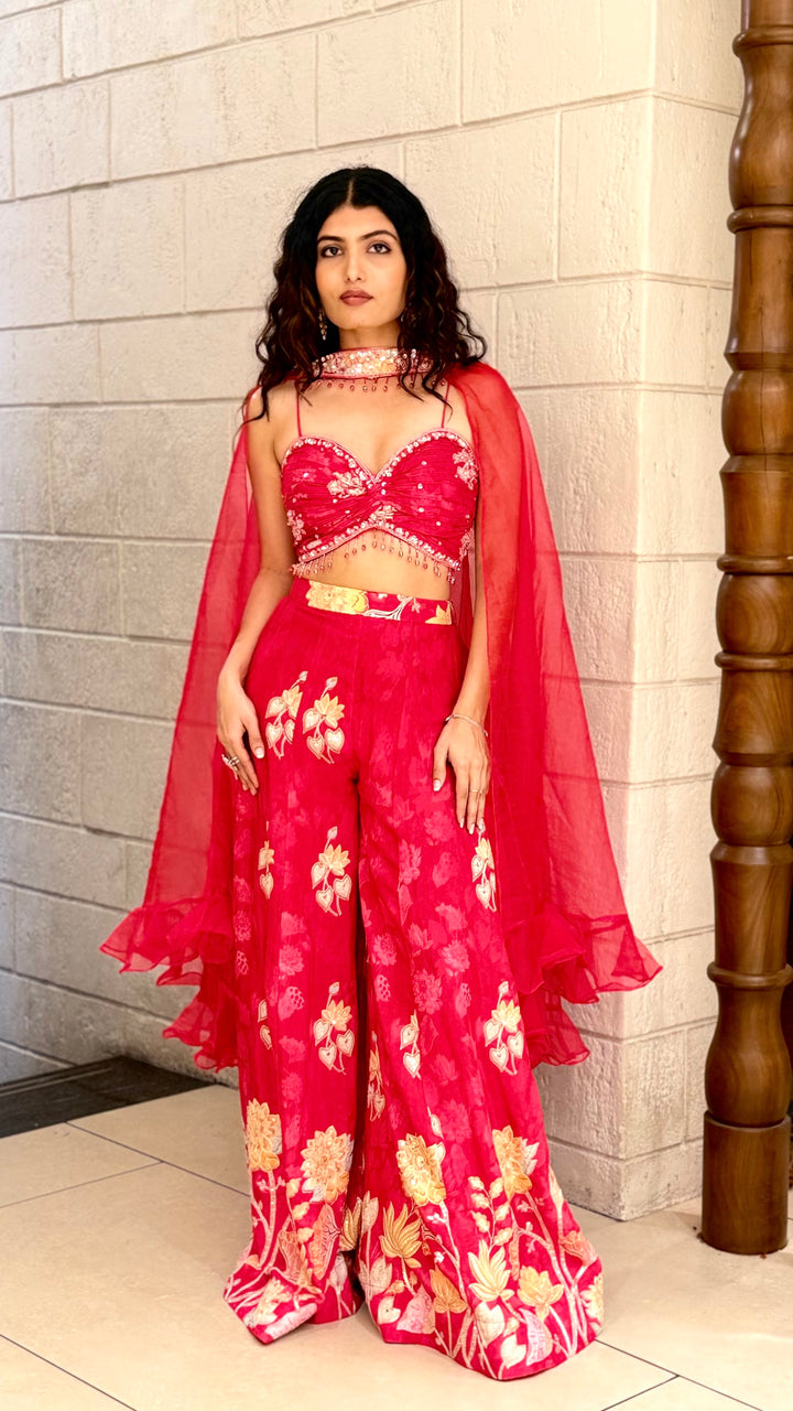 Crimson Red Embroidered Lehenga Set with Designer Blouse & Sheer Dupatta