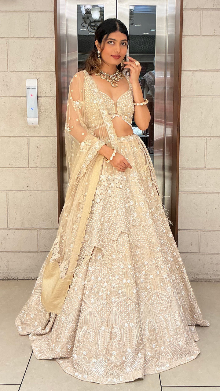 Ivory Champagne Sequin & Feather Embroidered Designer Lehenga Choli with Net Dupatta