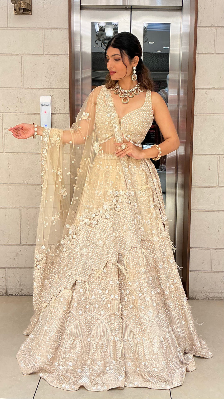 Ivory Champagne Sequin & Feather Embroidered Designer Lehenga Choli with Net Dupatta