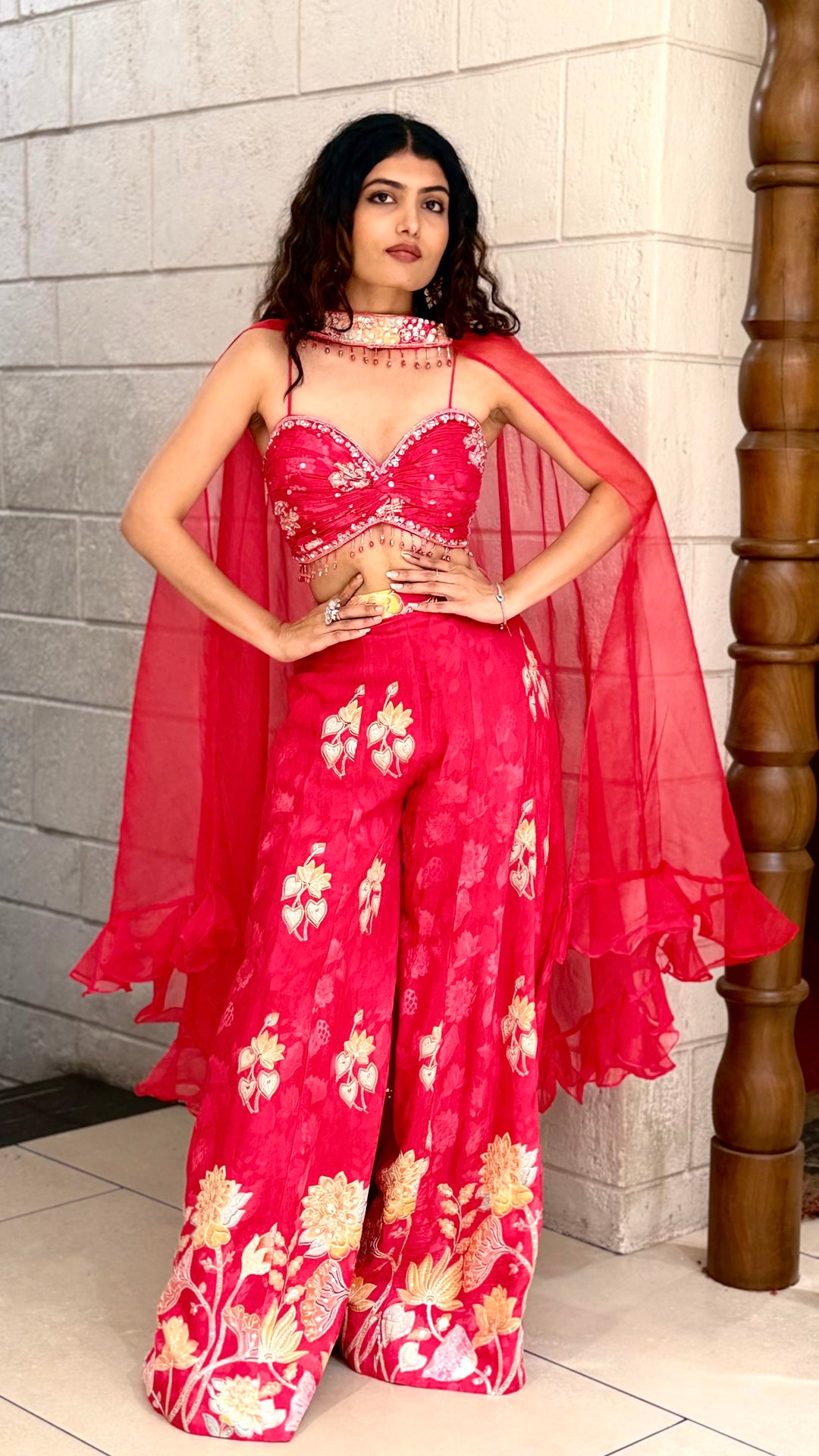 Crimson Red Embroidered Lehenga Set with Designer Blouse & Sheer Dupatta