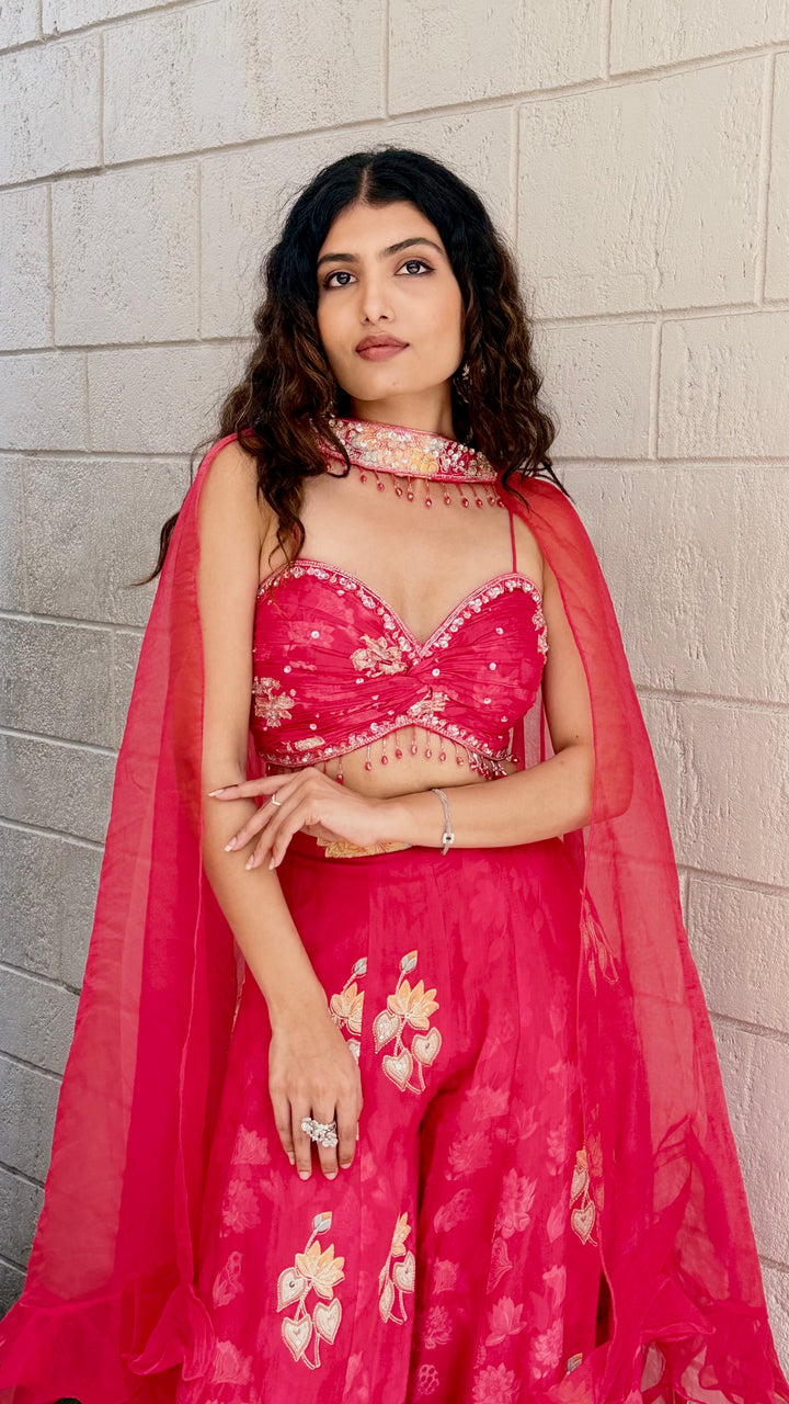 Crimson Red Embroidered Lehenga Set with Designer Blouse & Sheer Dupatta