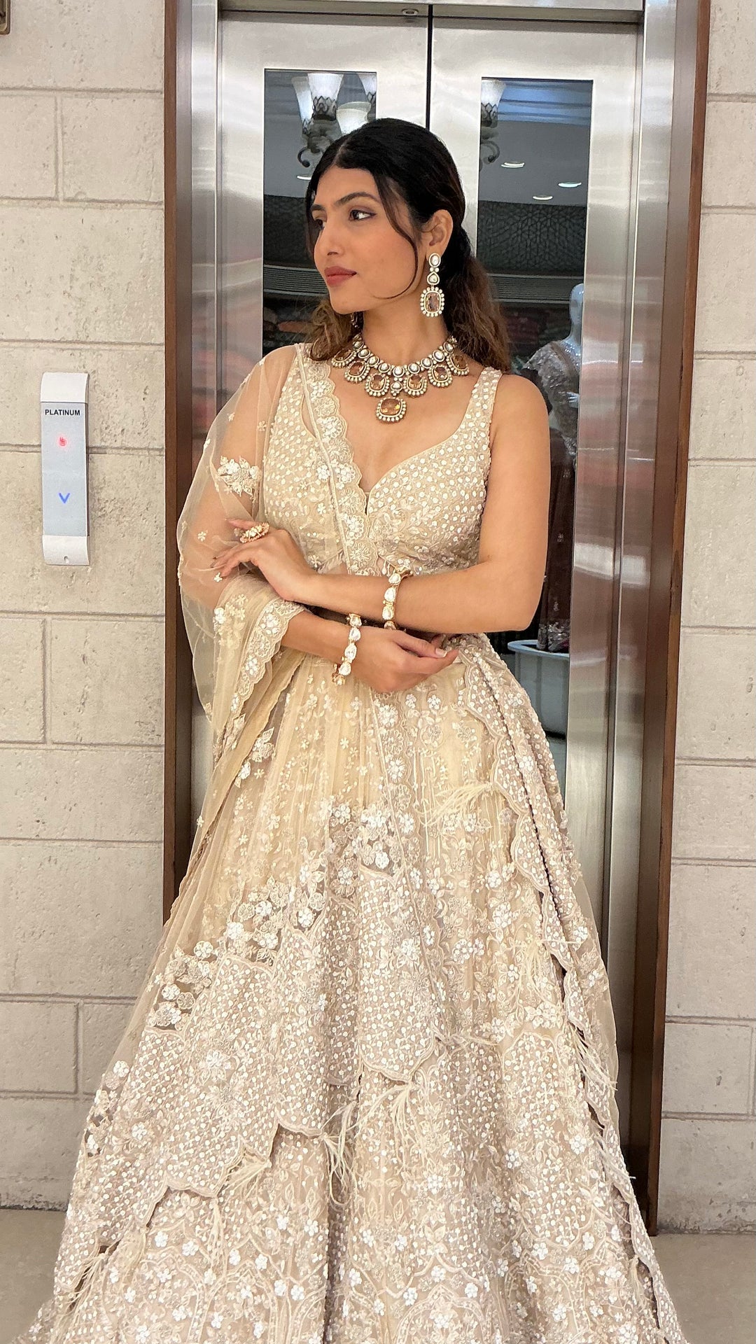 Ivory Champagne Sequin & Feather Embroidered Designer Lehenga Choli with Net Dupatta