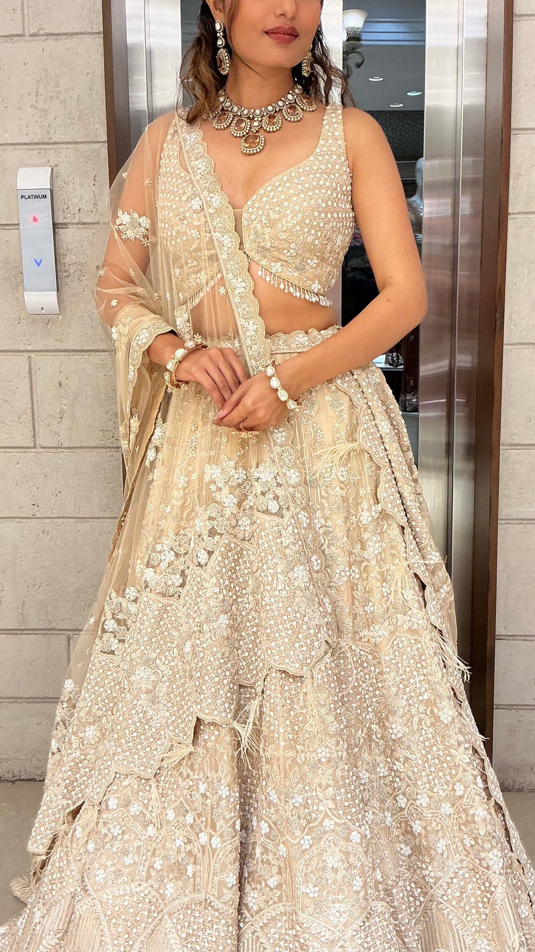 Ivory Champagne Sequin & Feather Embroidered Designer Lehenga Choli with Net Dupatta