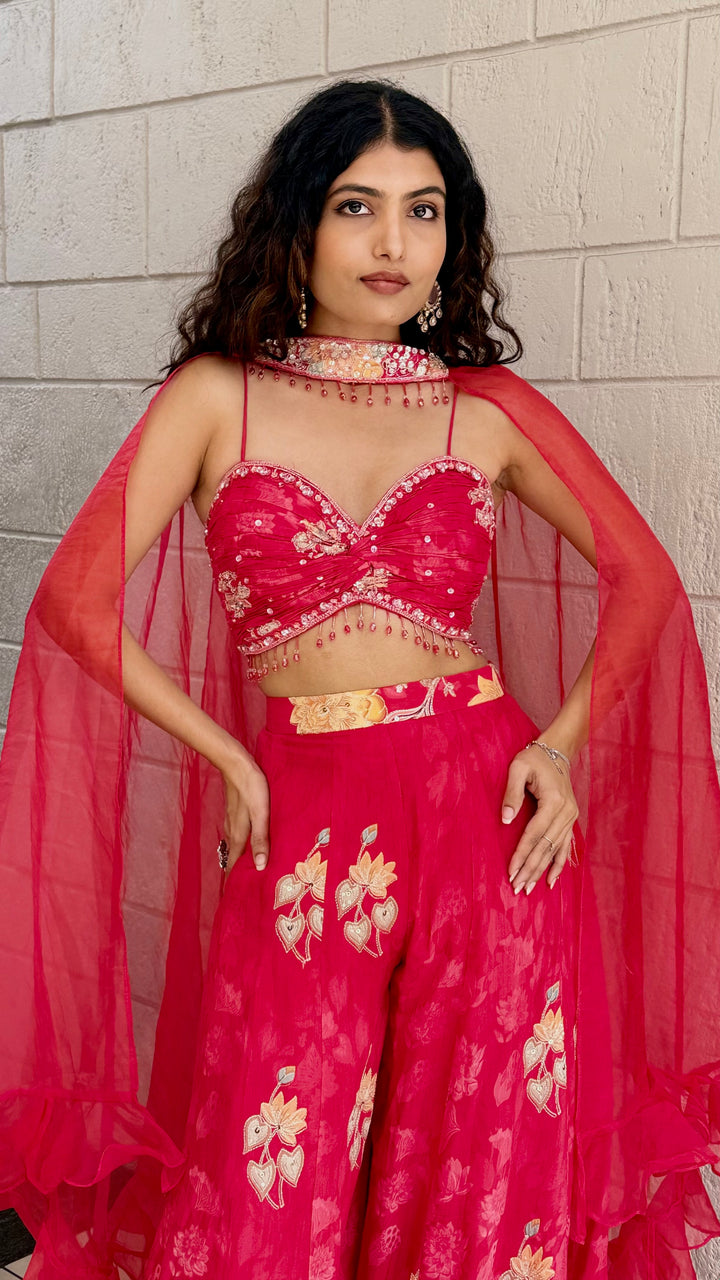 Crimson Red Embroidered Lehenga Set with Designer Blouse & Sheer Dupatta