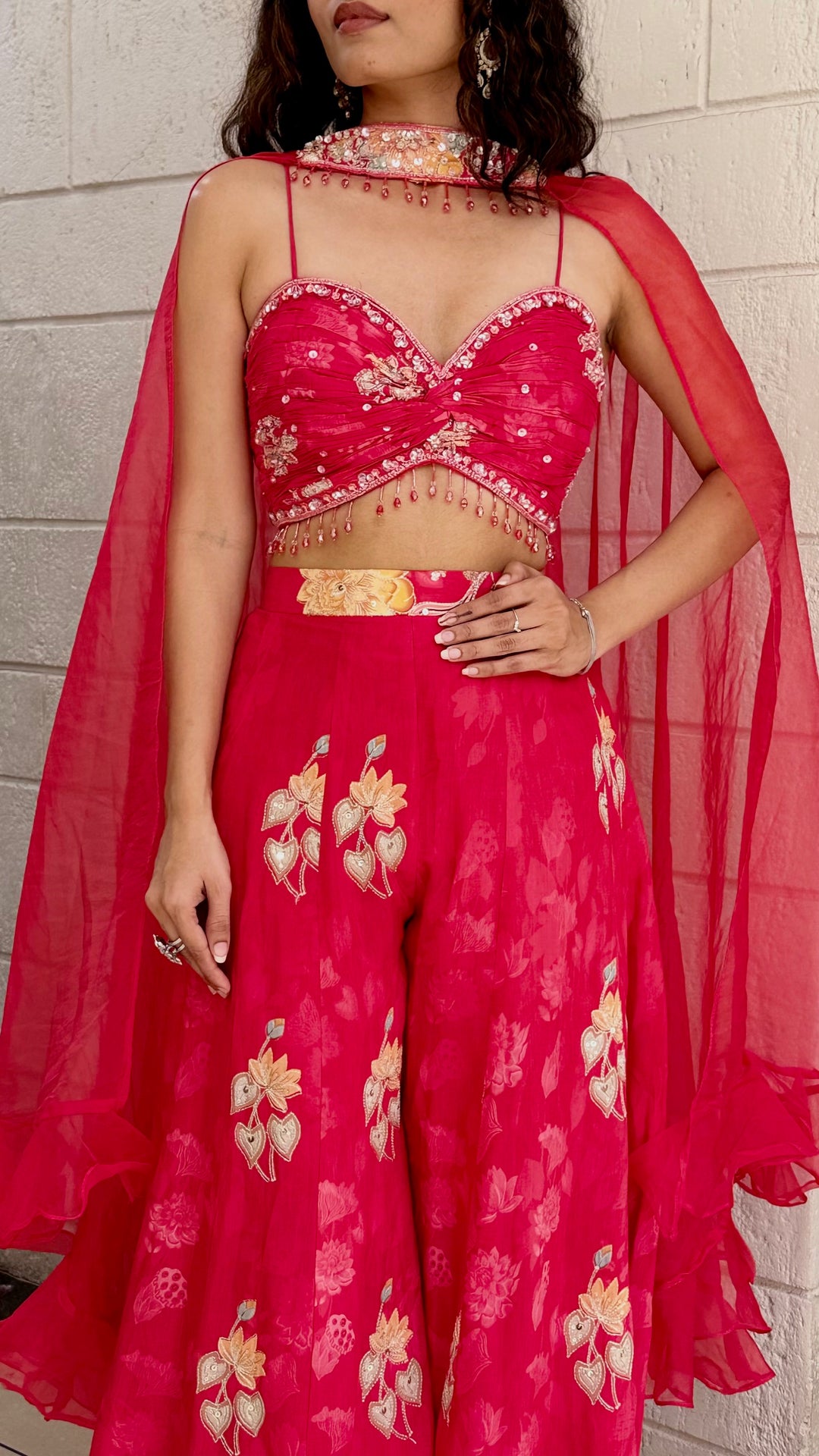 Crimson Red Embroidered Lehenga Set with Designer Blouse & Sheer Dupatta
