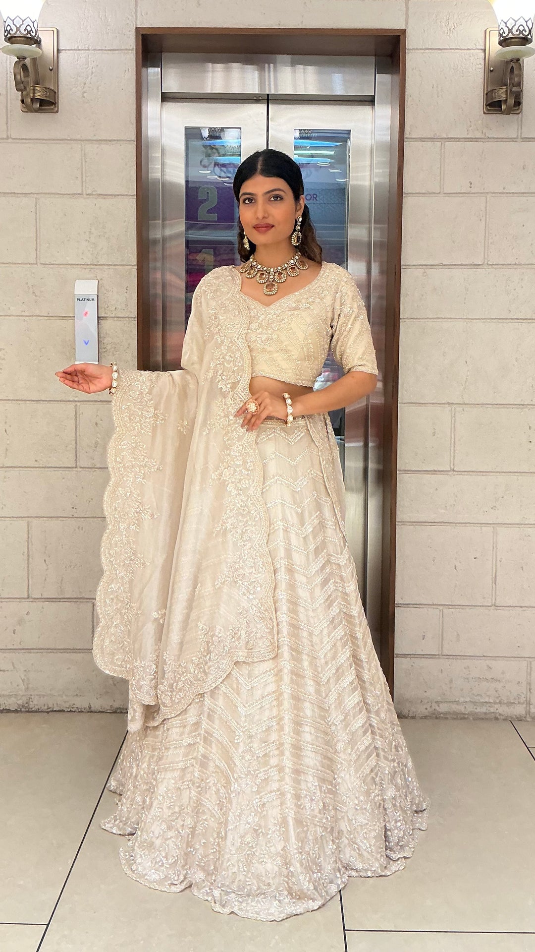 Ivory Pearl White Embroidered Designer Lehenga Choli with Scalloped Net Dupatta