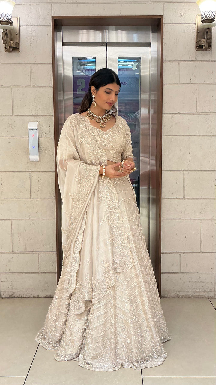 Ivory Pearl White Embroidered Designer Lehenga Choli with Scalloped Net Dupatta