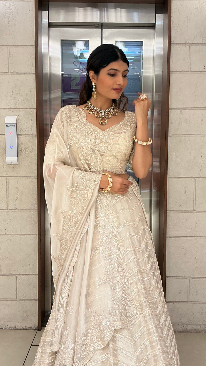 Ivory Pearl White Embroidered Designer Lehenga Choli with Scalloped Net Dupatta