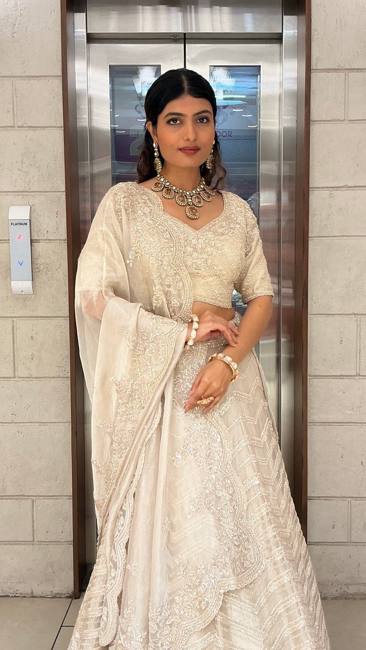 Ivory Pearl White Embroidered Designer Lehenga Choli with Scalloped Net Dupatta