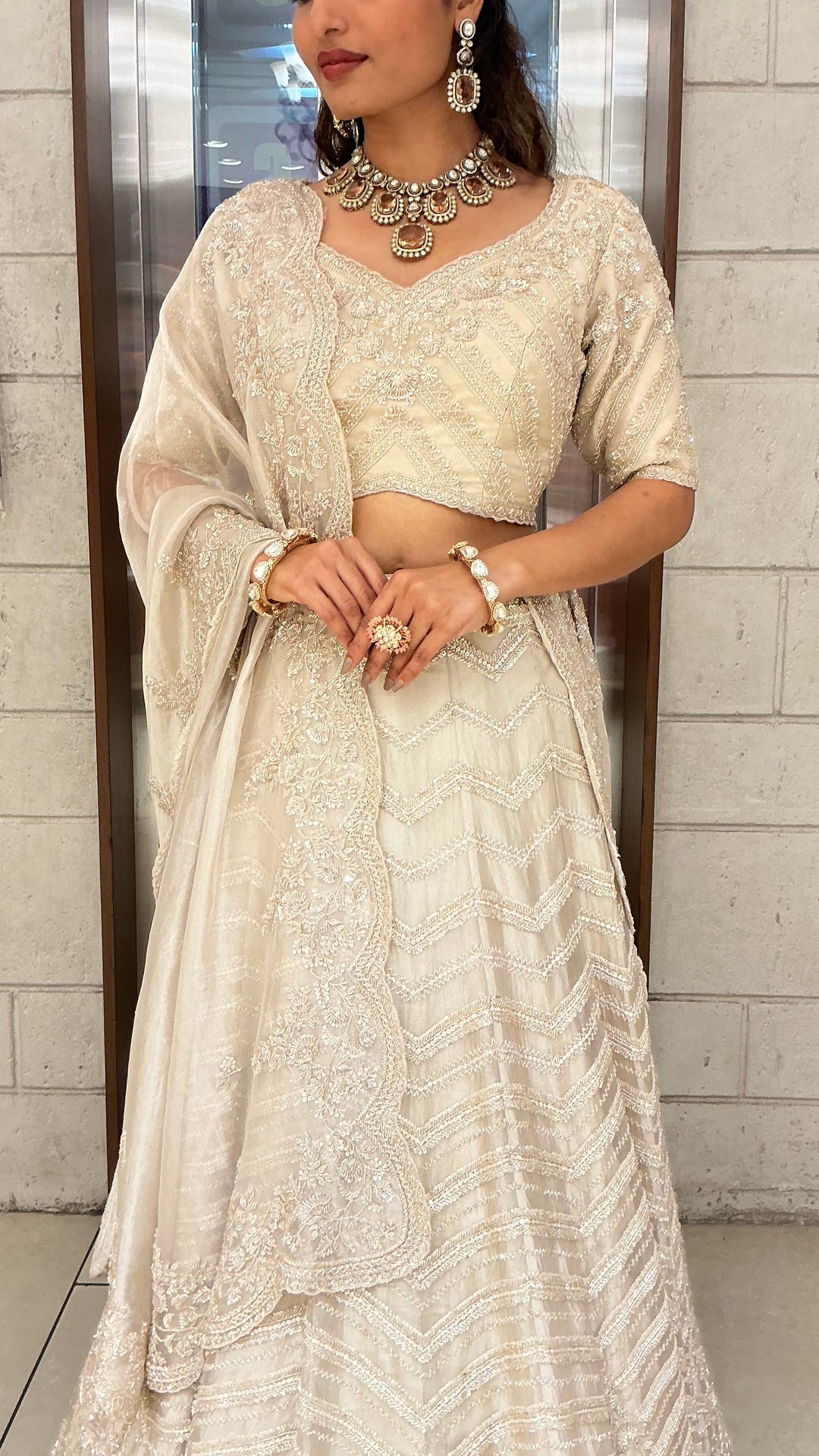 Ivory Pearl White Embroidered Designer Lehenga Choli with Scalloped Net Dupatta