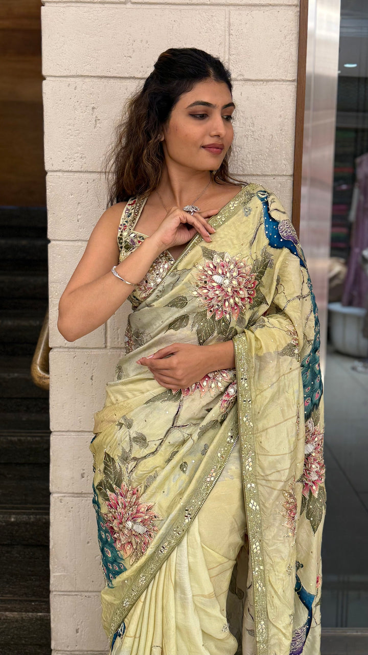Luxury Embroidered Organza Silk Saree with Handwork Floral Detailing