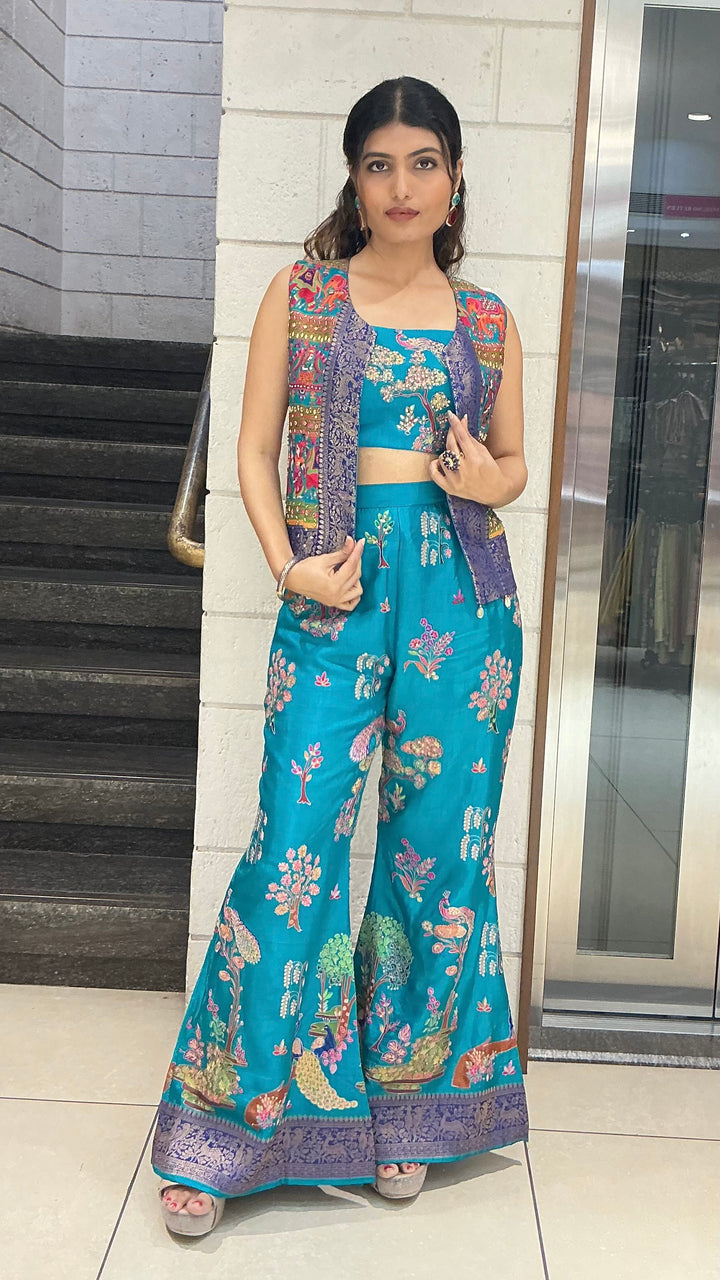 Teal Blue Floral Embroidered Designer Palazzo Set with Crop Top & Ethnic Jacket