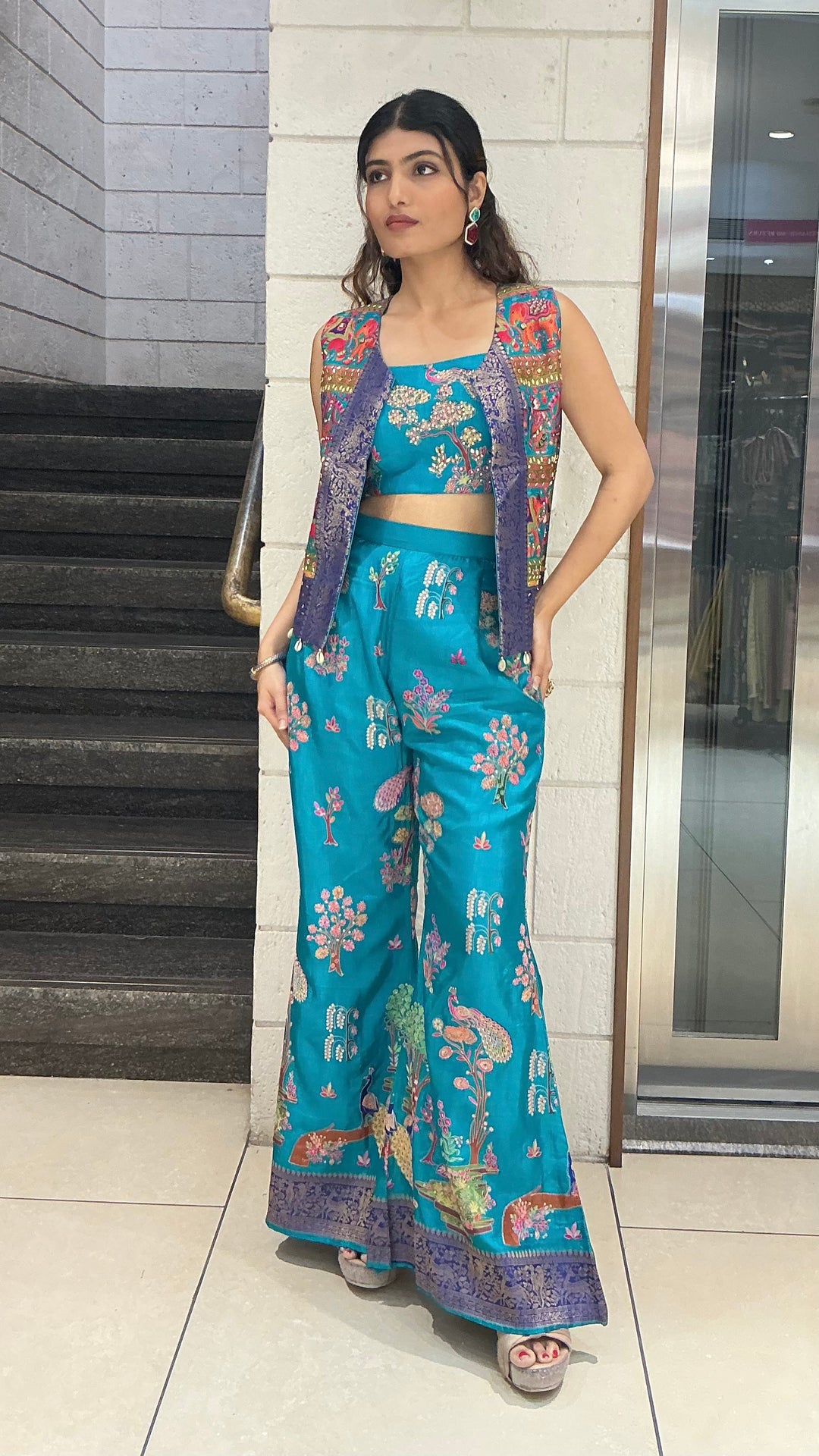Teal Blue Floral Embroidered Designer Palazzo Set with Crop Top & Ethnic Jacket